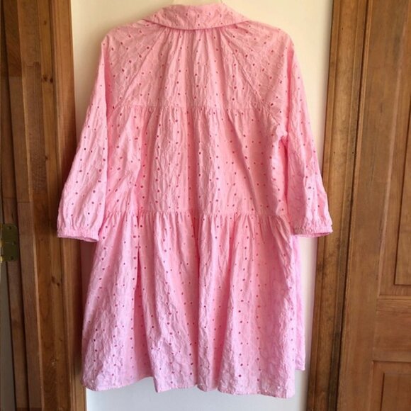 CROWN & IVY Pink Eyelet Tiered Baby Doll 3/4 Sleeve Dress Medium - Picture 11 of 16